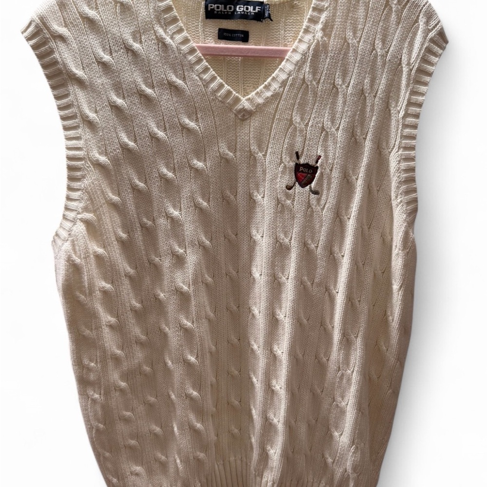 Ralph Lauren Polo Golf Cream Cable Knit Sweater Vest with Navy & Red Crest
